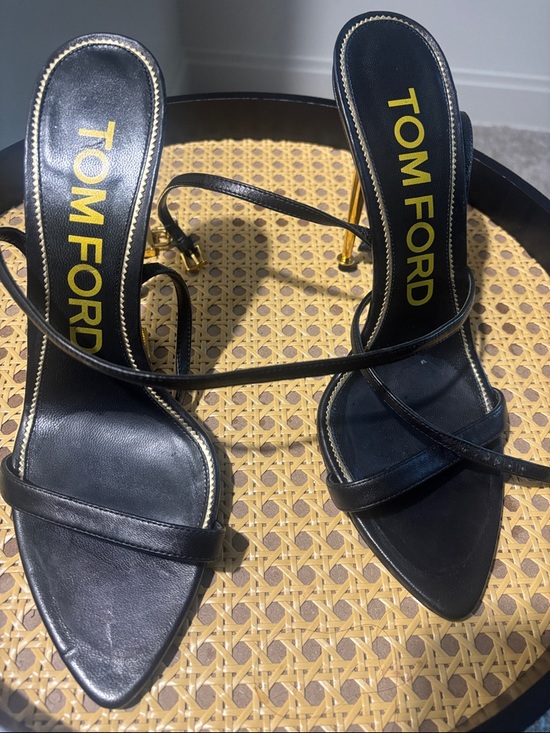 Tom Ford Black Leather Pointed-Strap Stiletto Heels with Gold Accents